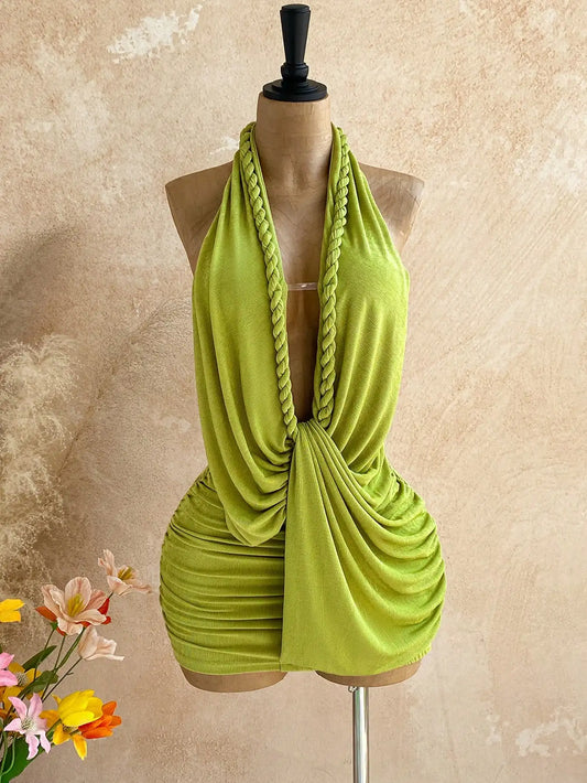 Women Backless Halter Mini Dress for Beach Vacation