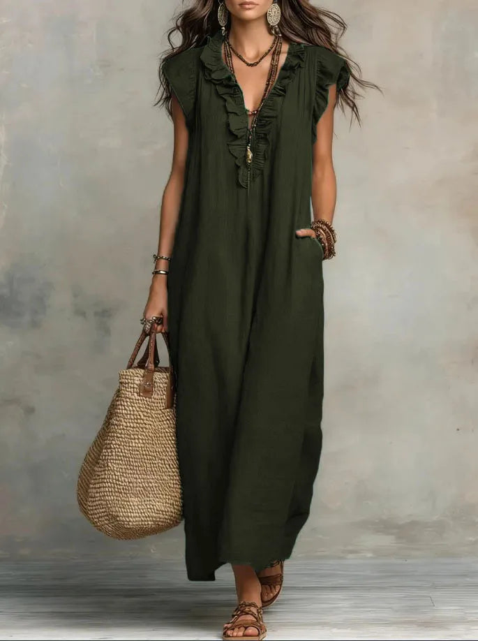 Bohemian Linen Maxi Dress With Ruffle V Neck Pockets