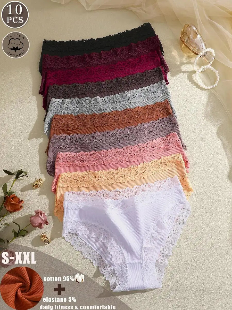 Womens Cotton Ribbed Lace Panel Briefs Low Rise Comfort Fit