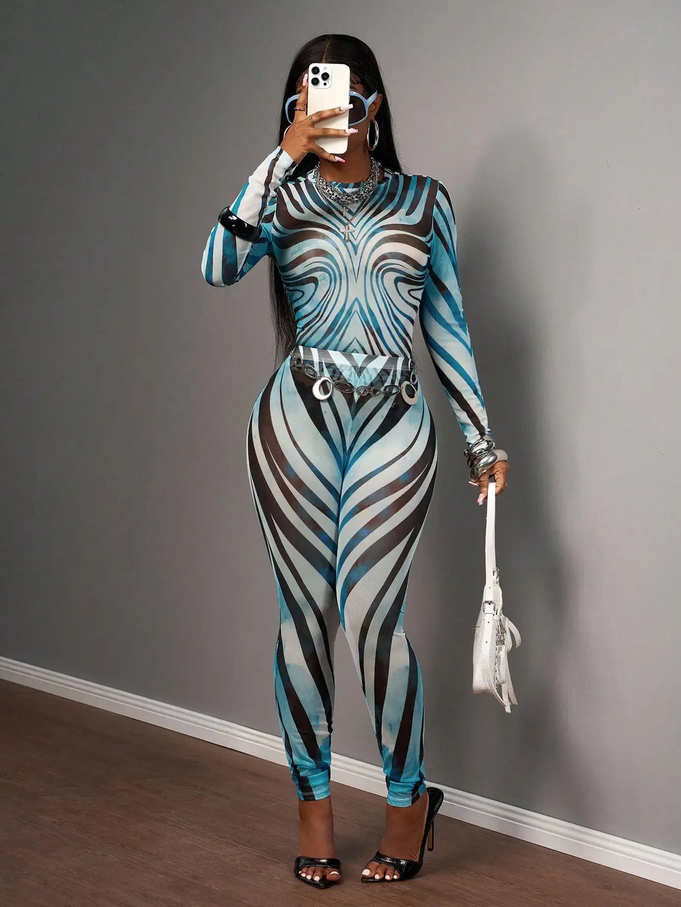 Mesh Zebra Print Bodycon Two Piece Set Long Sleeve