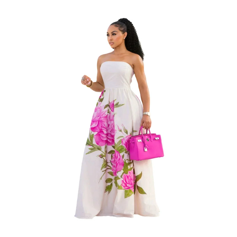 Floral Print Strapless Maxi Dress For Wedding Vacation