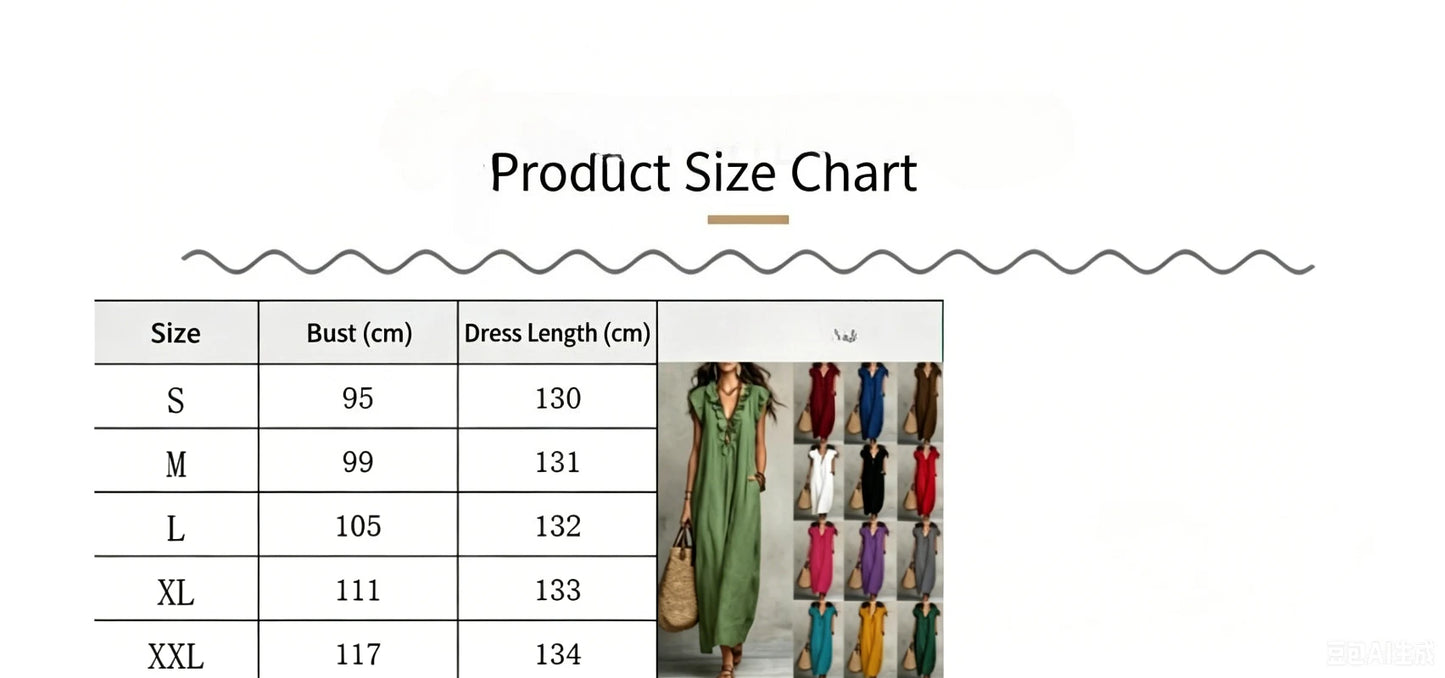 Bohemian Linen Maxi Dress With Ruffle V Neck Pockets