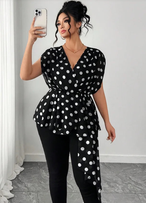 Polka Dot Peplum Wrap Blouse With Drape Ties Chiffon Sleeveless