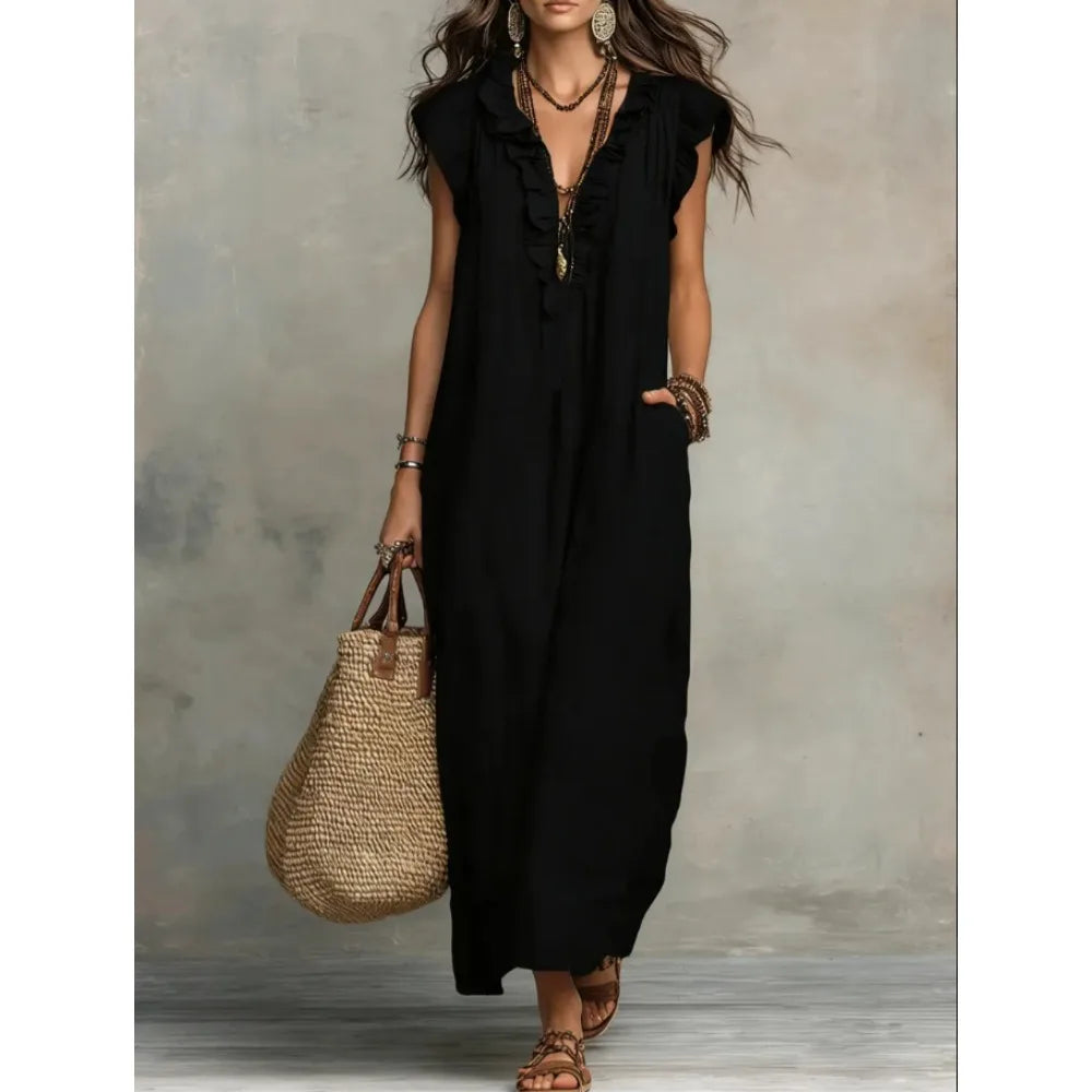 Bohemian Linen Maxi Dress With Ruffle V Neck Pockets