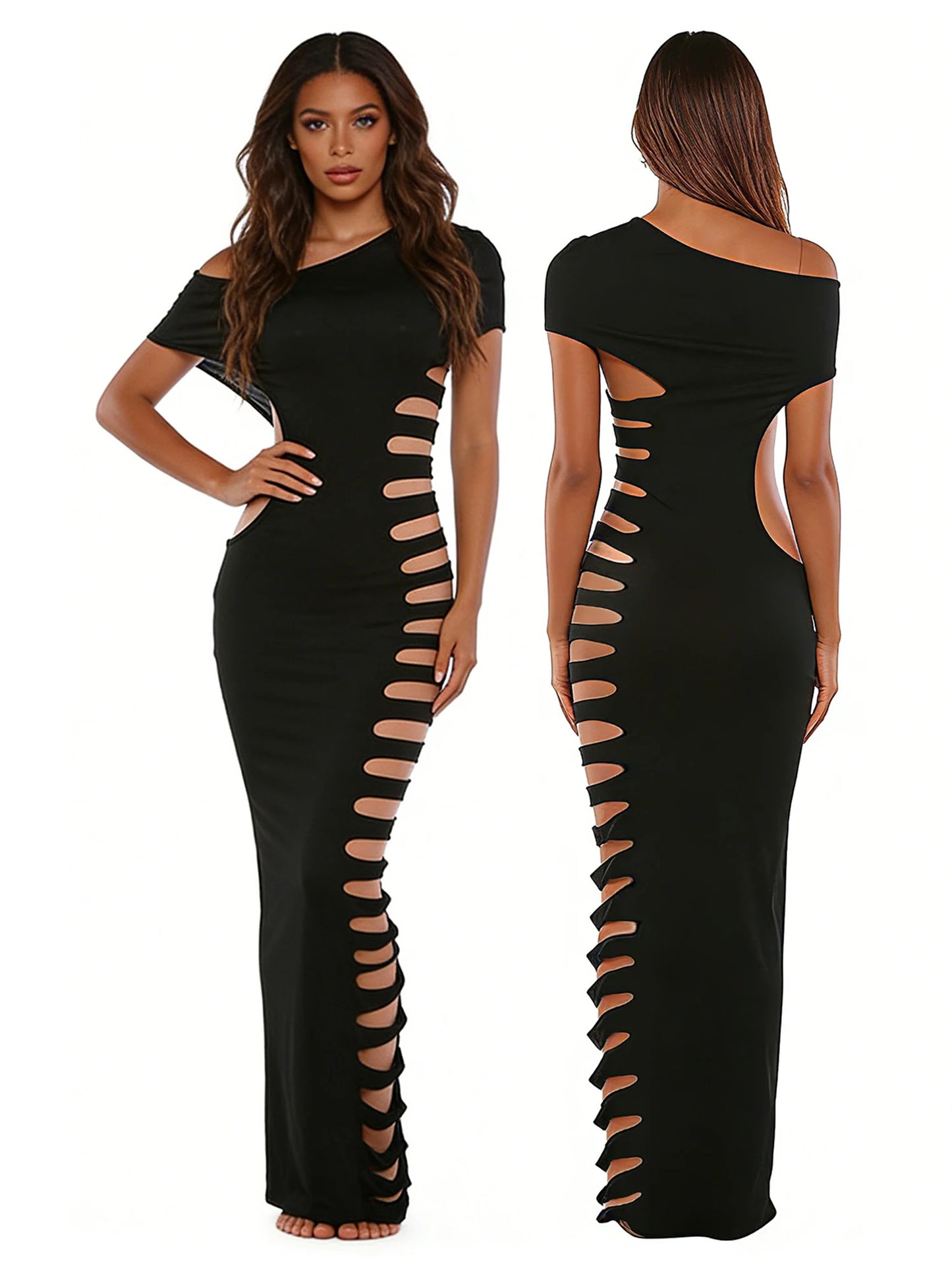 Elegant One Shoulder Bodycon Dress With Side Cutout Detail Sleeveless