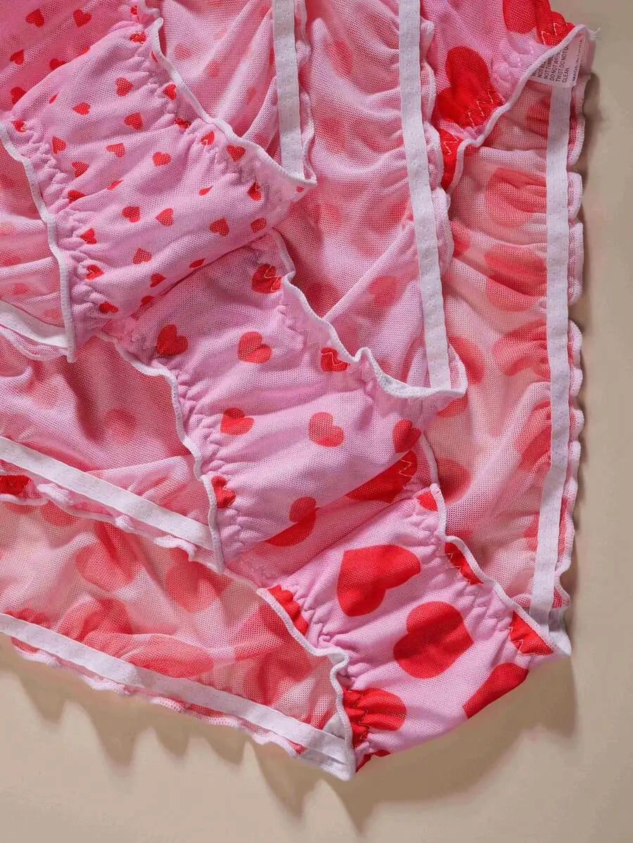 Womens Panties With Bow and Ruffle Trim Heart Print
