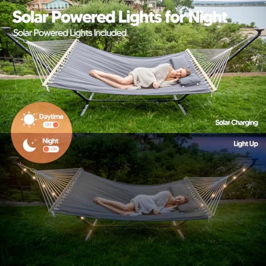 Outdoor Double Hammock With Stand And Solar Lights