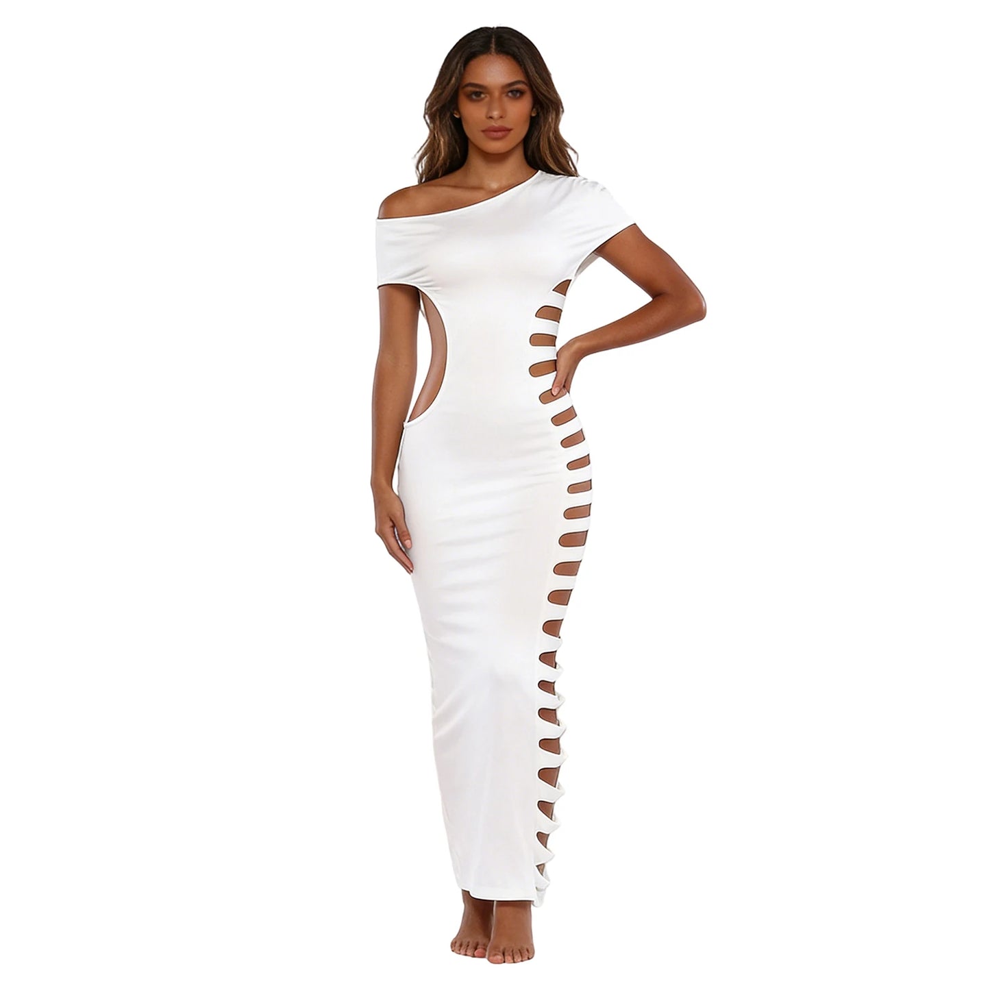 Elegant One Shoulder Bodycon Dress With Side Cutout Detail Sleeveless