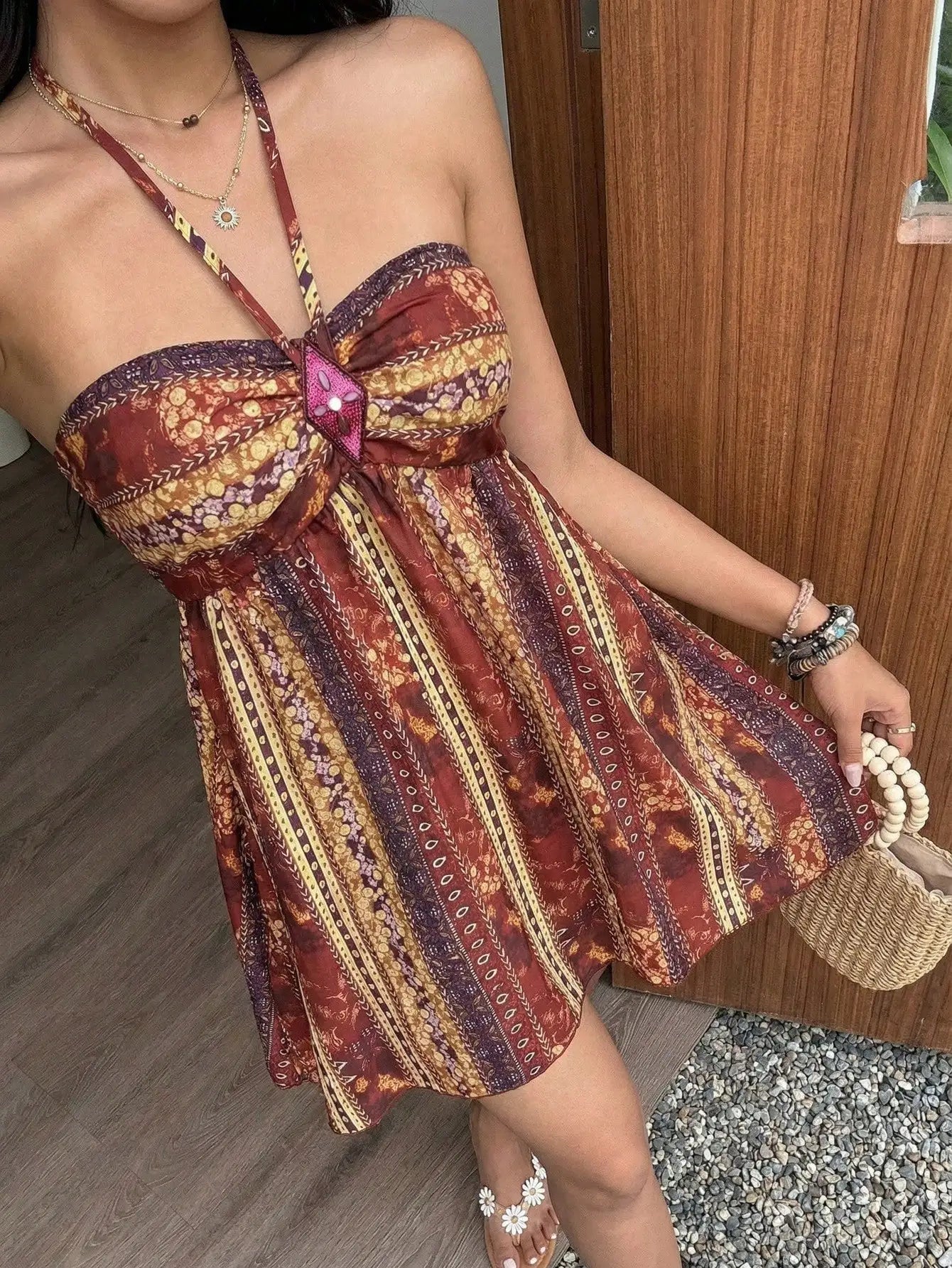 Bohemian Paisley Sequin Halter Mini Dress For Women