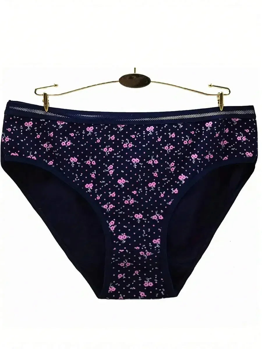 Cotton Floral Print Hollow Out High Waist Briefs For Women