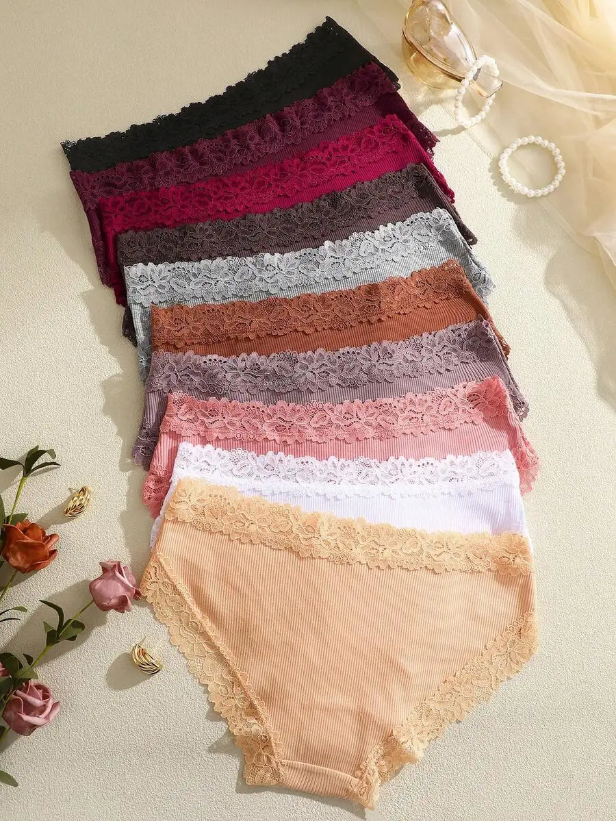 Womens Cotton Ribbed Lace Panel Briefs Low Rise Comfort Fit