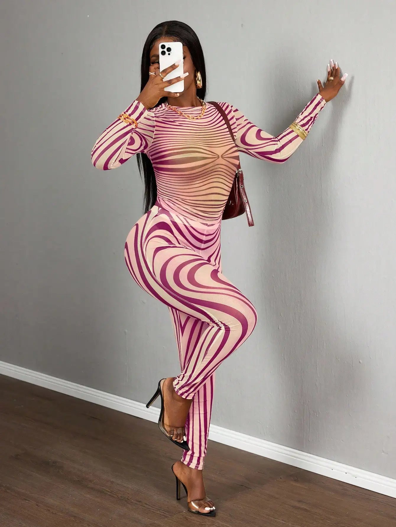 Mesh Zebra Print Bodycon Two Piece Set Long Sleeve