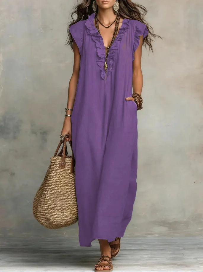 Bohemian Linen Maxi Dress With Ruffle V Neck Pockets