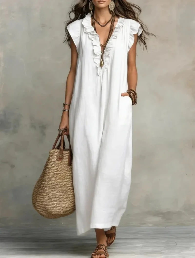 Bohemian Linen Maxi Dress With Ruffle V Neck Pockets