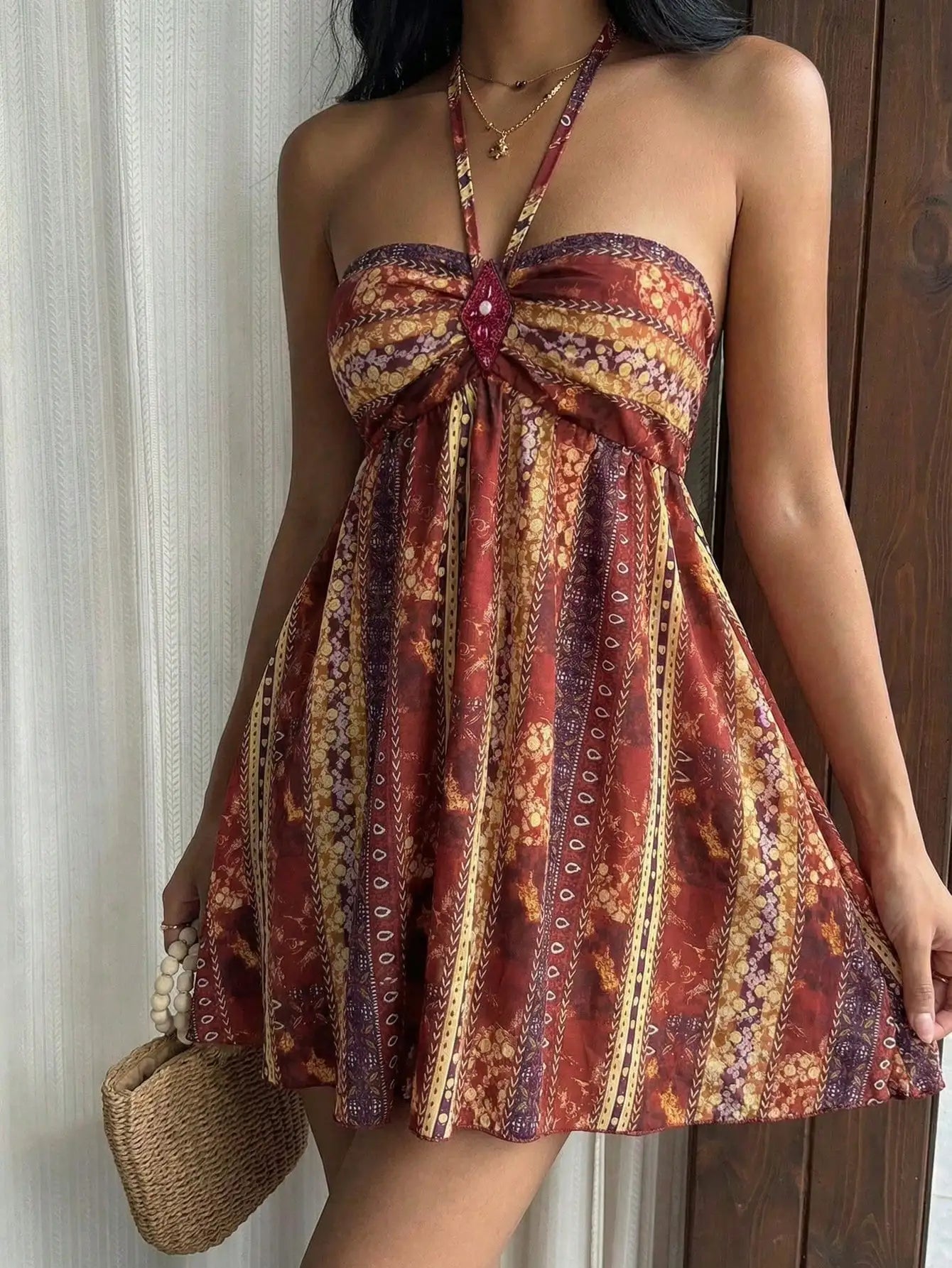 Bohemian Paisley Sequin Halter Mini Dress For Women