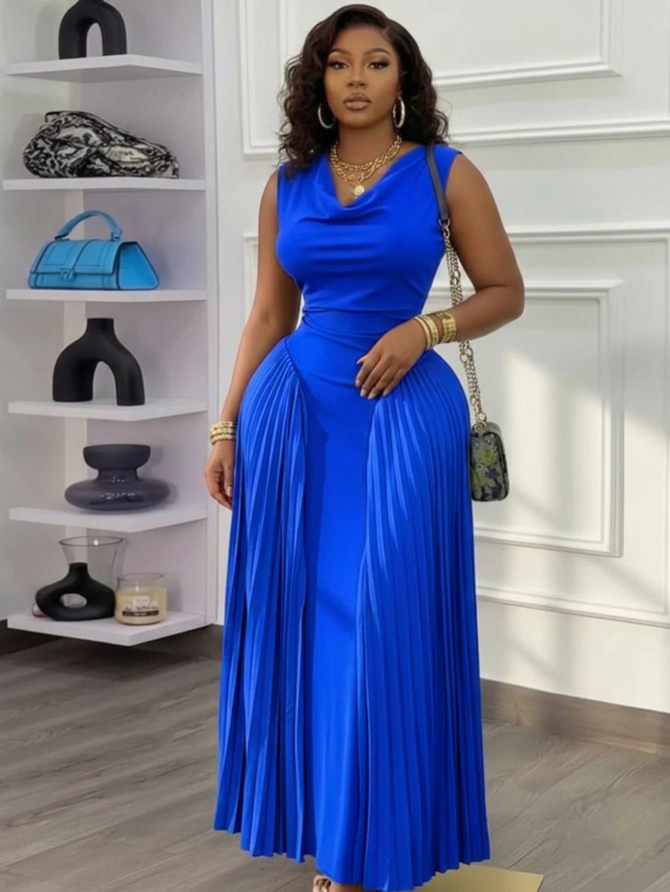 Women Sleeveless Cowl Neck Pleated Maxi Formal Evening Dress
