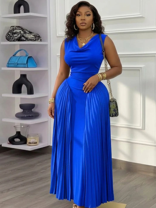 Women Sleeveless Cowl Neck Pleated Maxi Formal Evening Dress