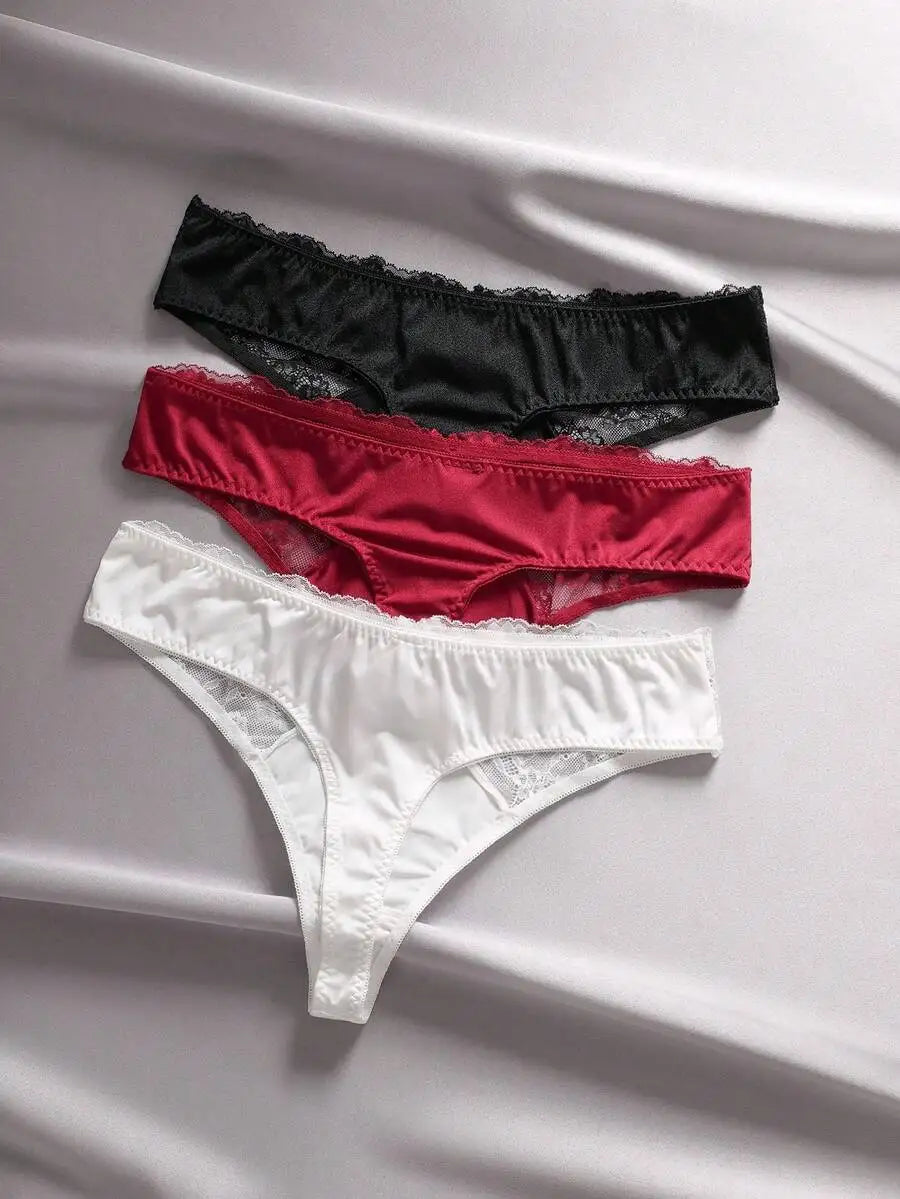 Women Lace Satin Panties Set Three Pack Soft Trim Comfort