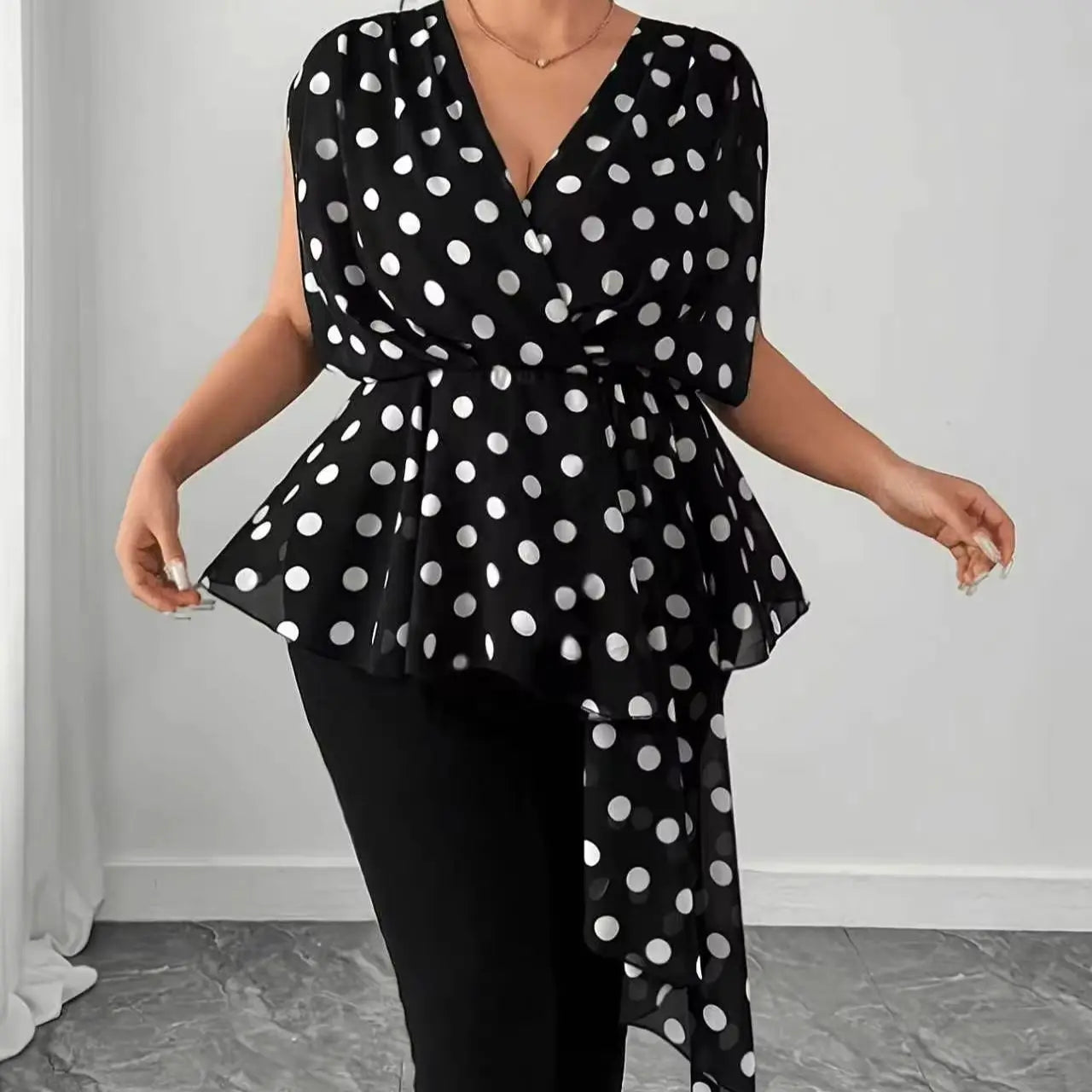 Polka Dot Peplum Wrap Blouse With Drape Ties Chiffon Sleeveless