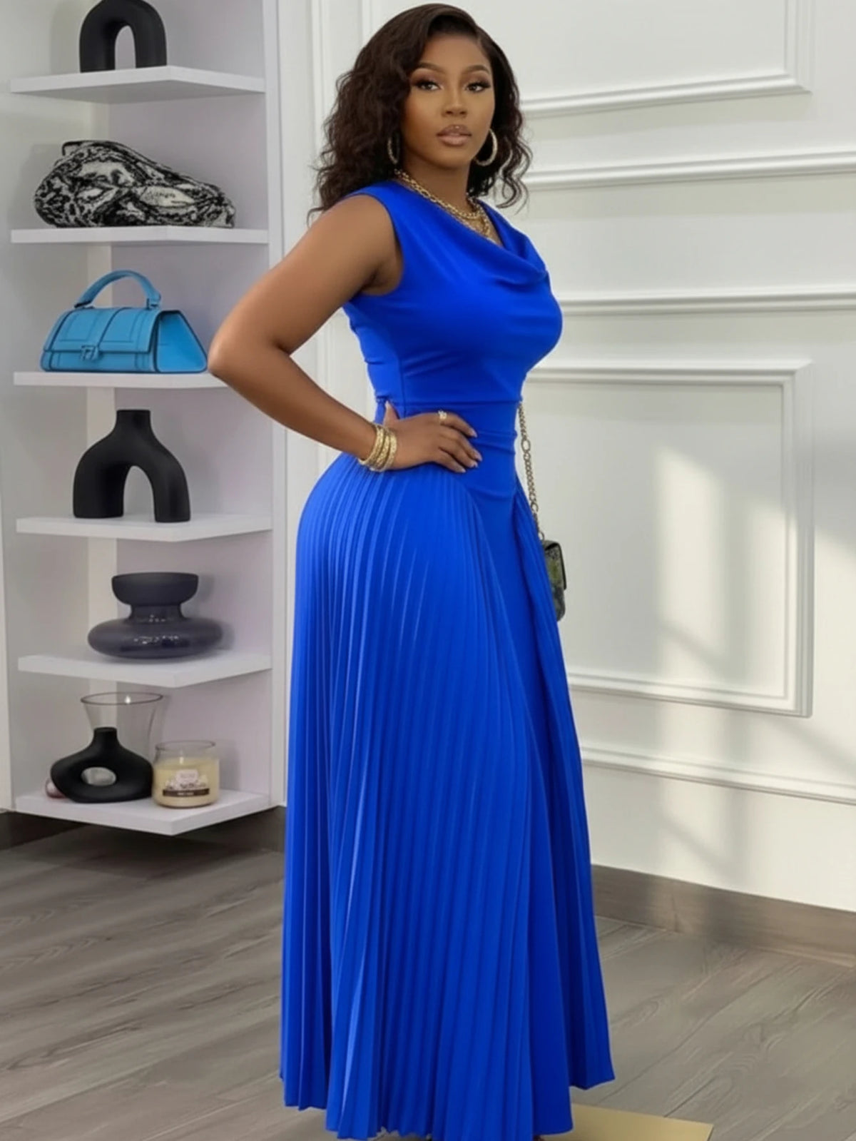 Women Sleeveless Cowl Neck Pleated Maxi Formal Evening Dress