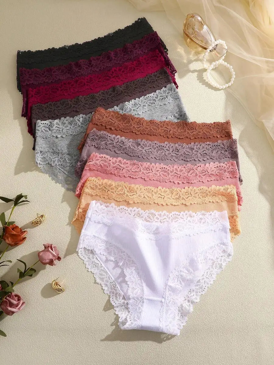 Womens Cotton Ribbed Lace Panel Briefs Low Rise Comfort Fit