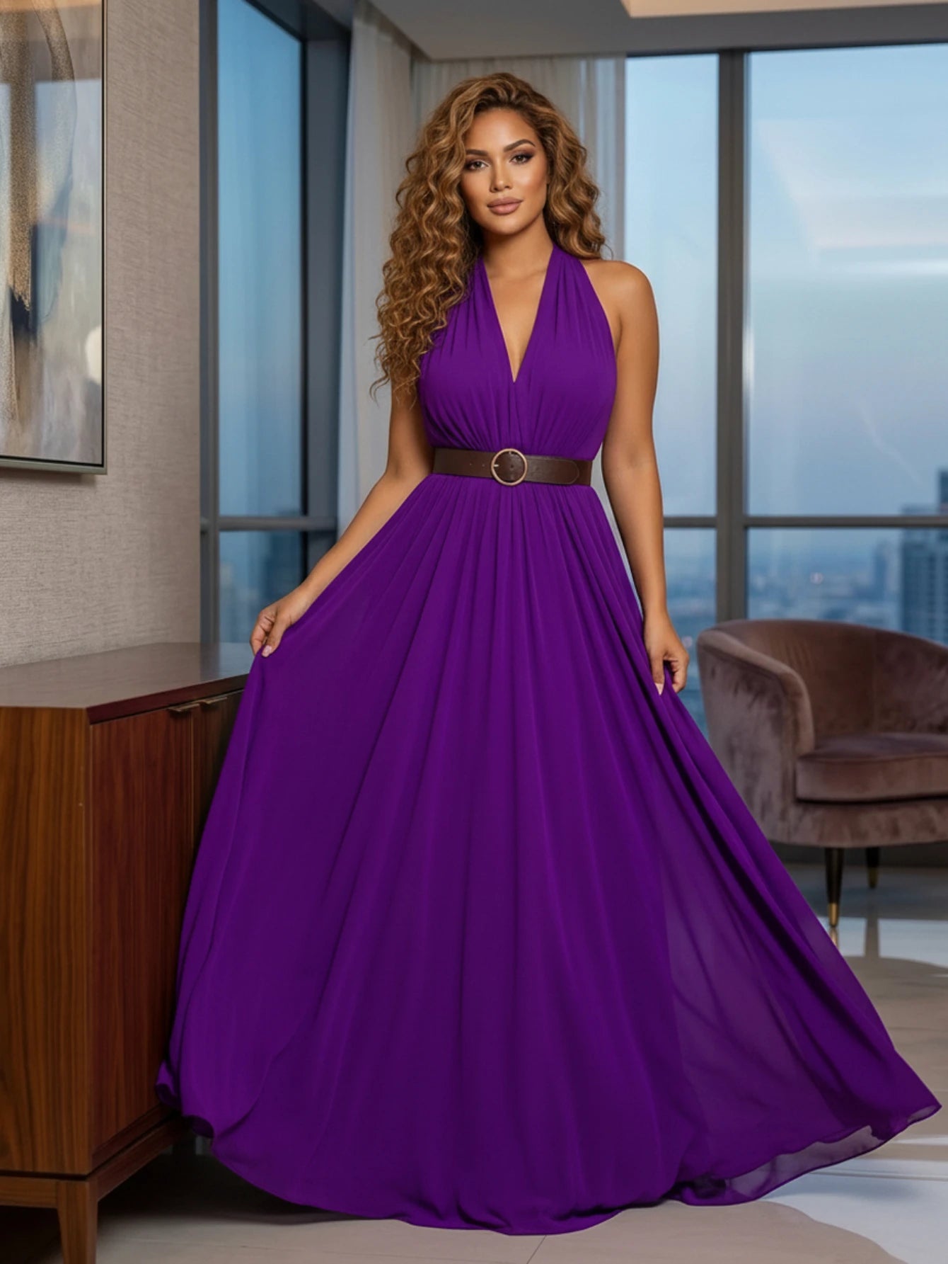 Halter V Neck Pleated Maxi Dress Flowy Skirt For Formal Occasions