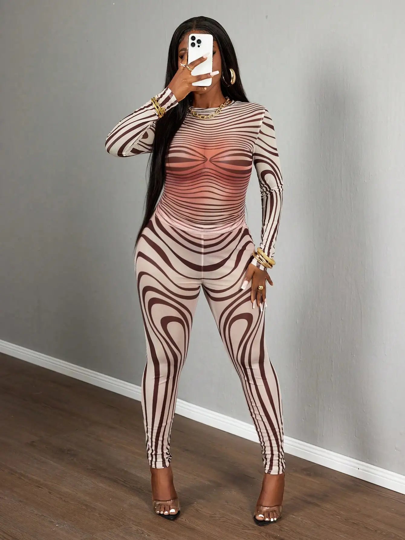 Mesh Zebra Print Bodycon Two Piece Set Long Sleeve