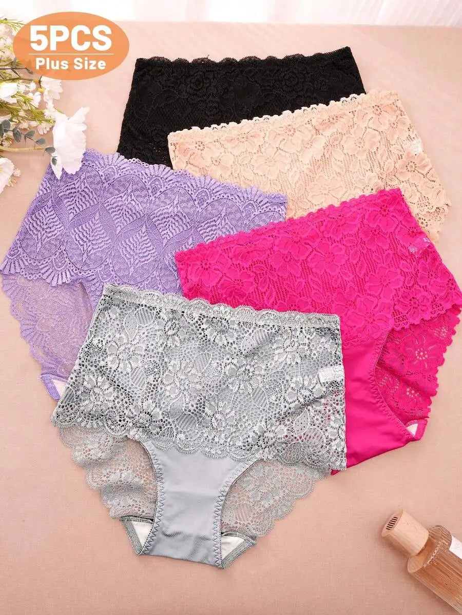 Womens Mid High Waist Lace Trim Jacquard Briefs Panties