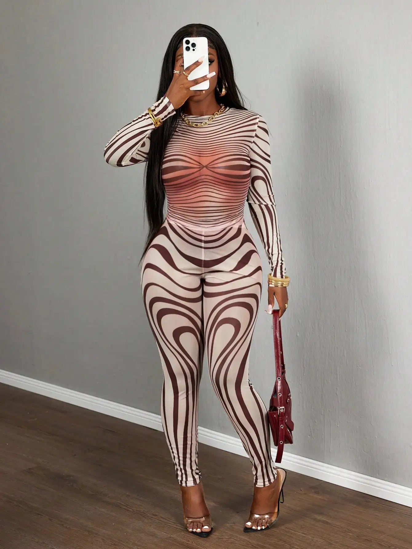 Mesh Zebra Print Bodycon Two Piece Set Long Sleeve