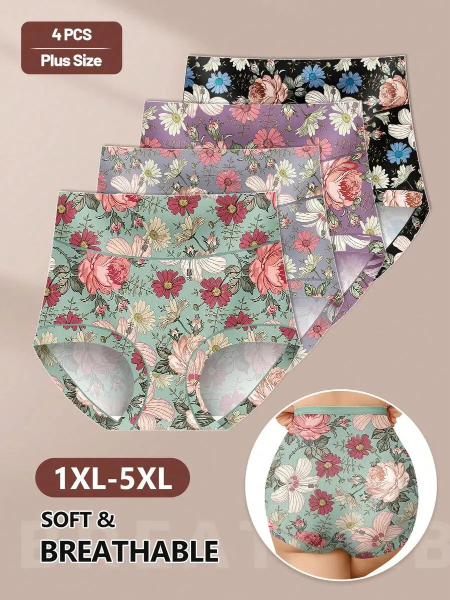 Women Cotton Panties Seamless Breathable Mid Waist Flower Print