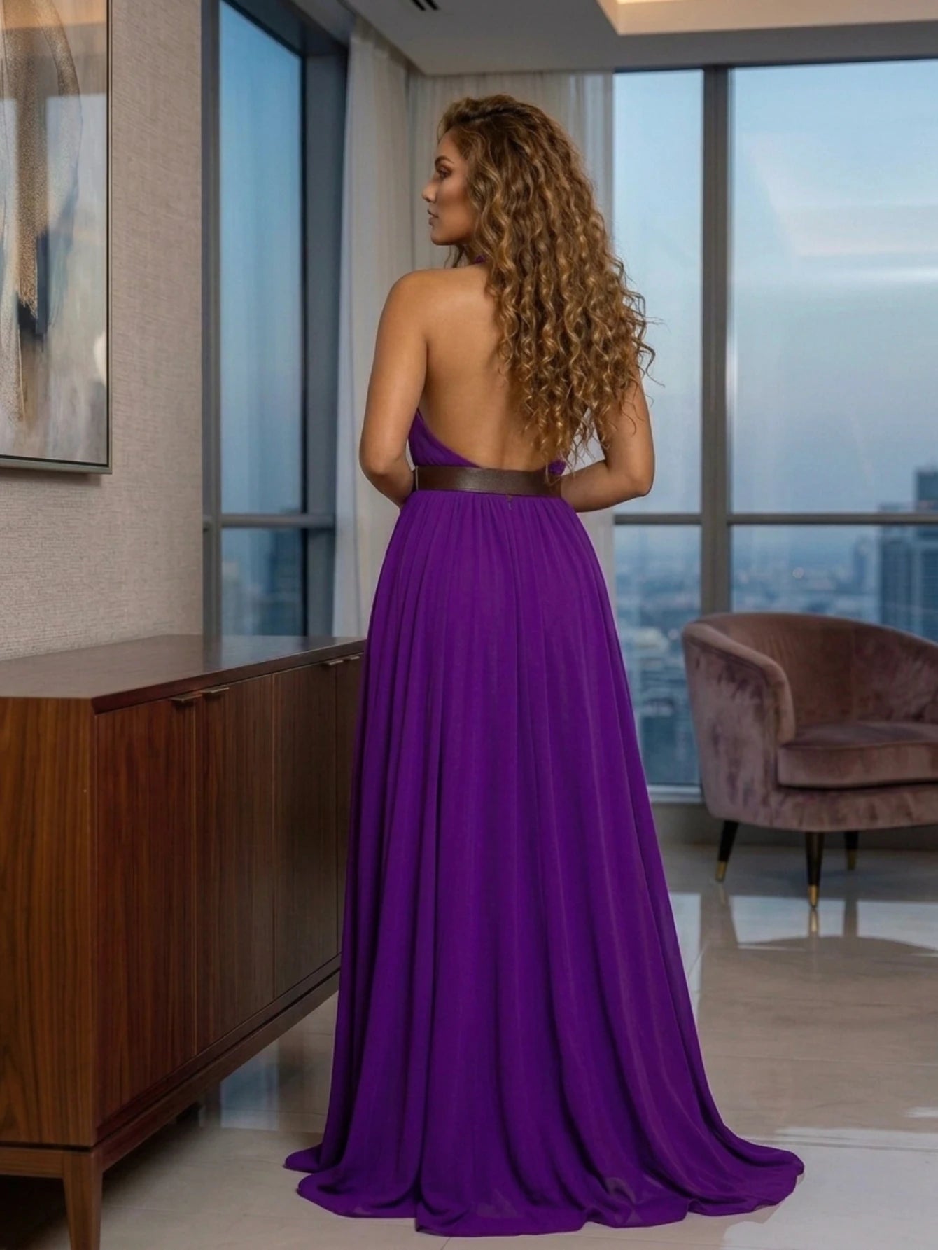 Halter V Neck Pleated Maxi Dress Flowy Skirt For Formal Occasions
