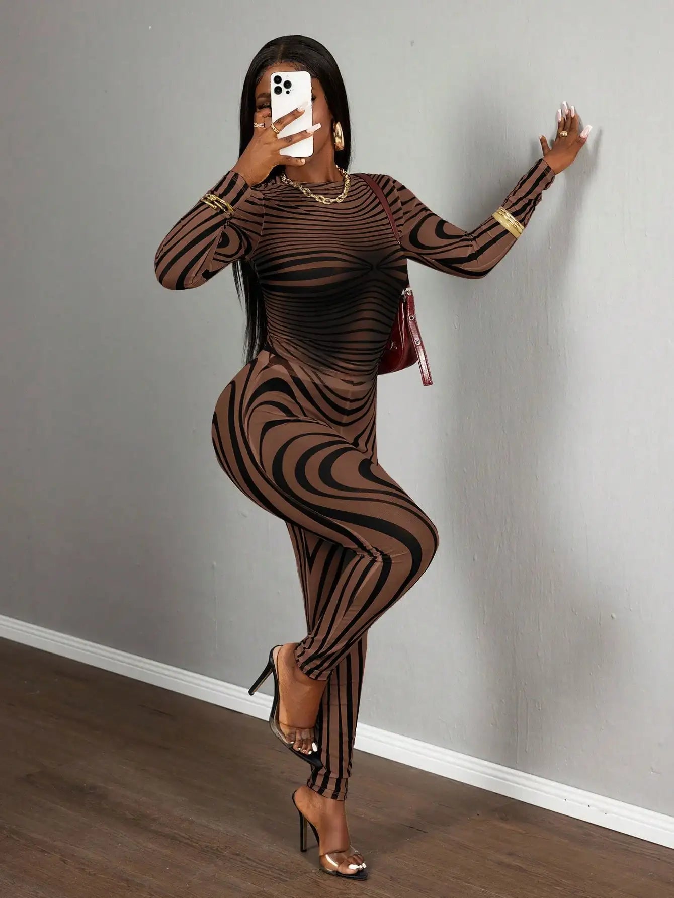 Mesh Zebra Print Bodycon Two Piece Set Long Sleeve