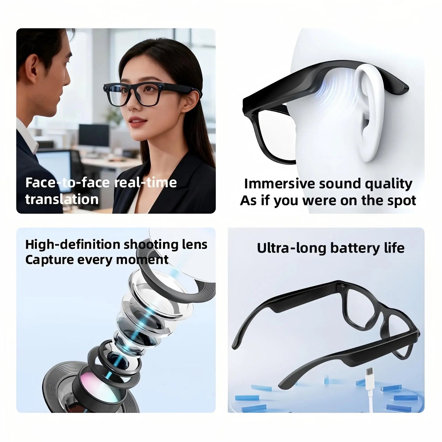 Giinova Smart Camera Glasses Video Eyewear Dual Microphone Translation