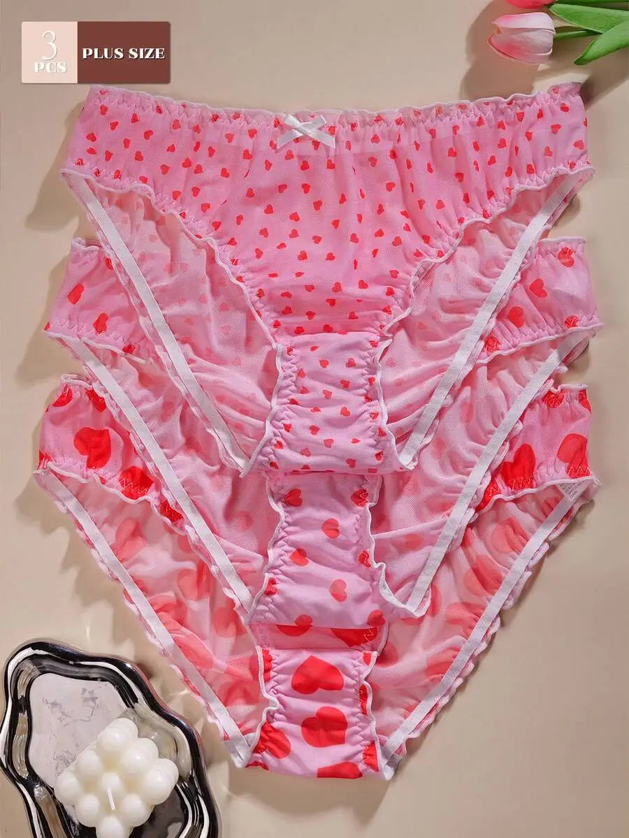 Womens Panties With Bow and Ruffle Trim Heart Print