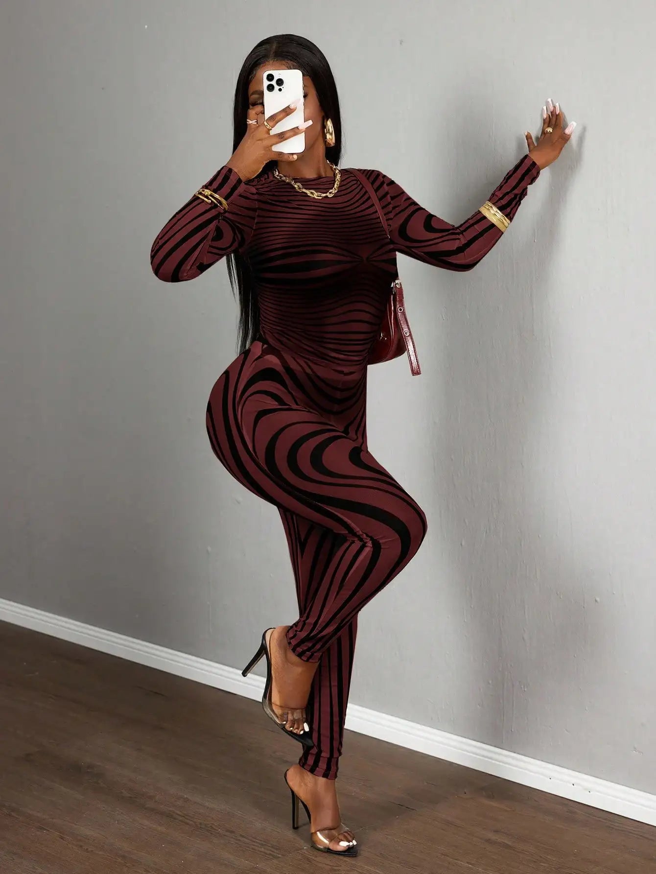Mesh Zebra Print Bodycon Two Piece Set Long Sleeve