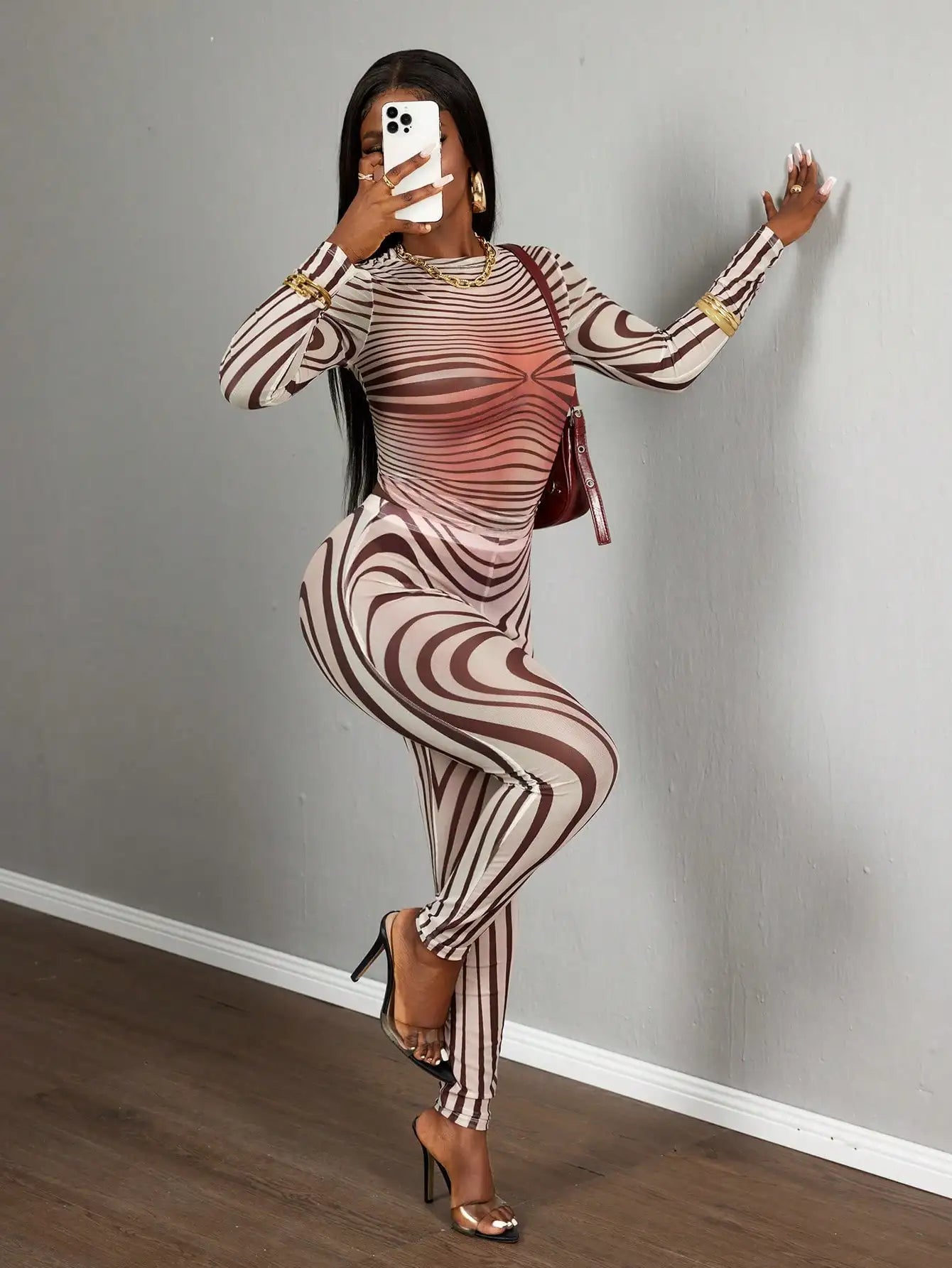 Mesh Zebra Print Bodycon Two Piece Set Long Sleeve