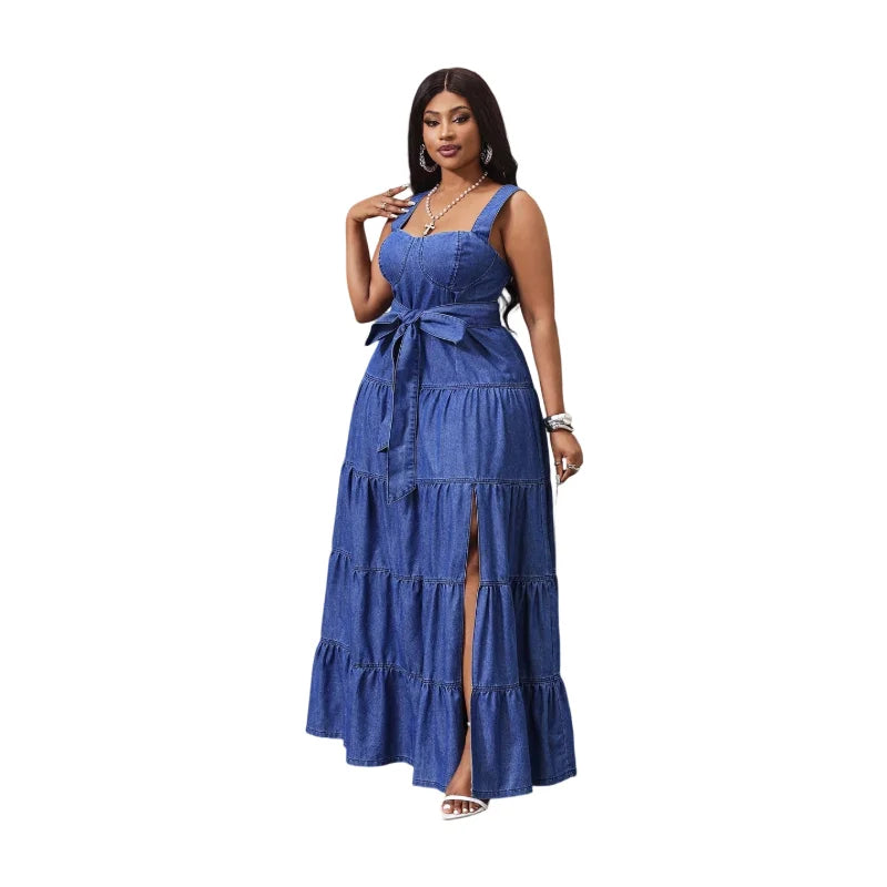 Women Square Neck Sleeveless Tiered Maxi Dress Front Slit Casual Streetwear