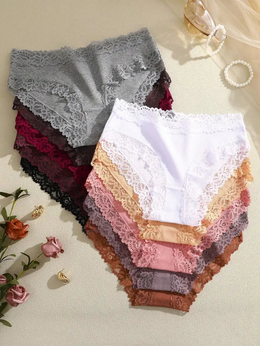 Womens Cotton Ribbed Lace Panel Briefs Low Rise Comfort Fit