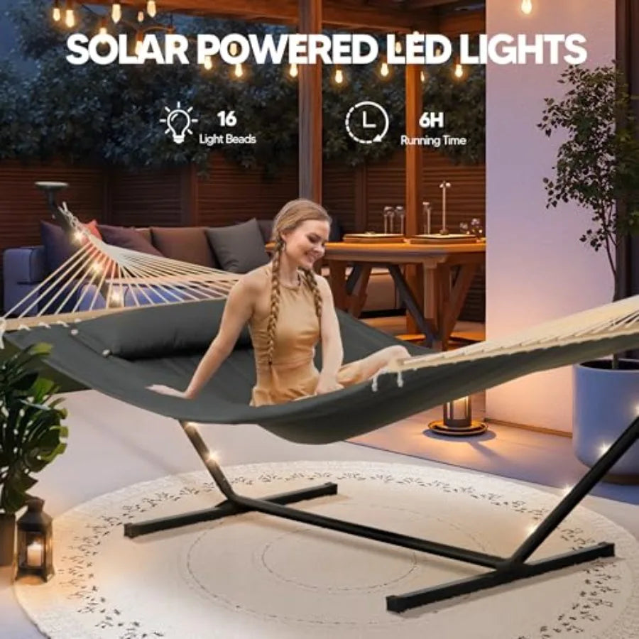 Outdoor Double Hammock With Stand And Solar Lights