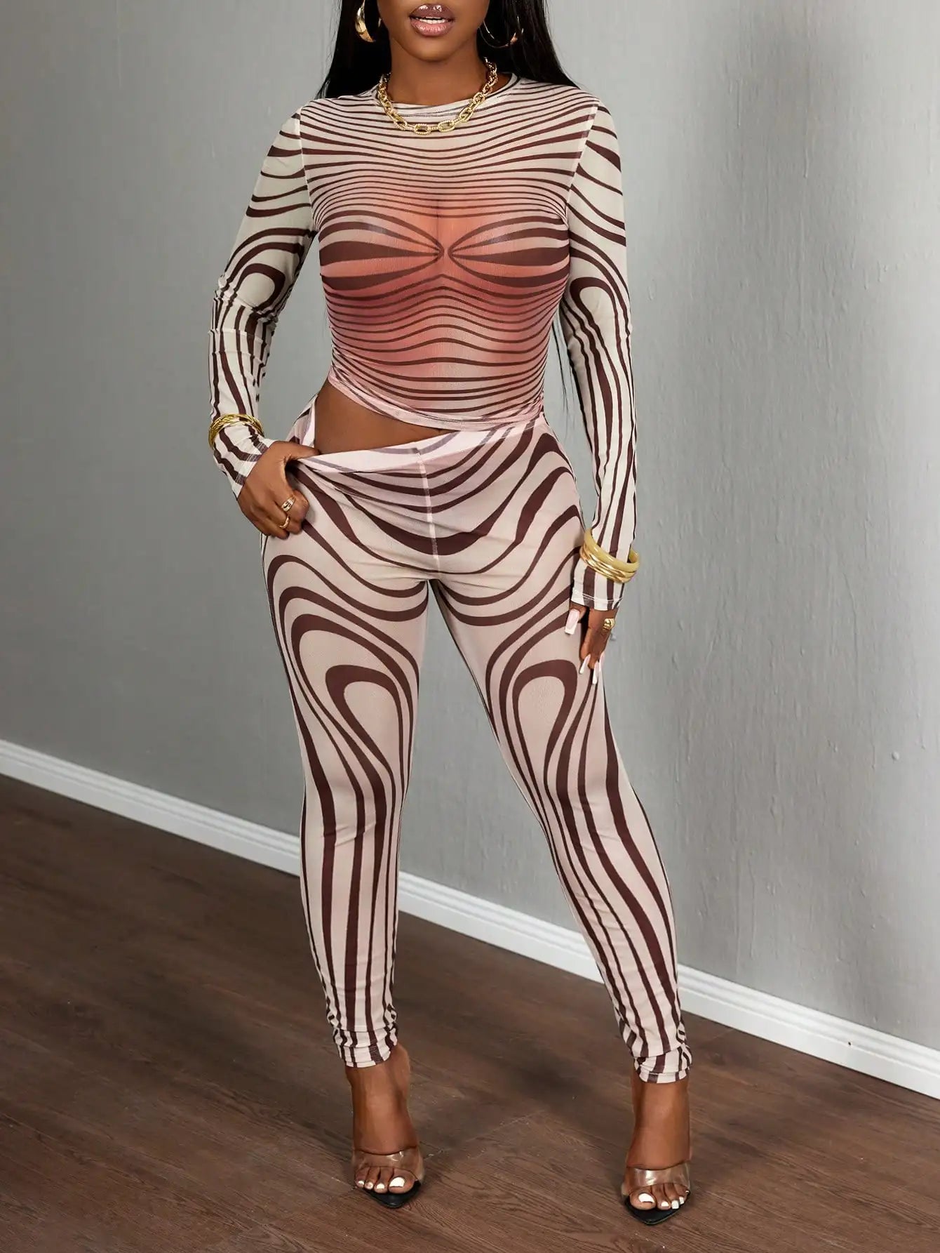 Mesh Zebra Print Bodycon Two Piece Set Long Sleeve