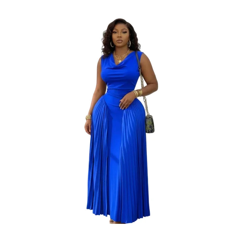 Women Sleeveless Cowl Neck Pleated Maxi Formal Evening Dress