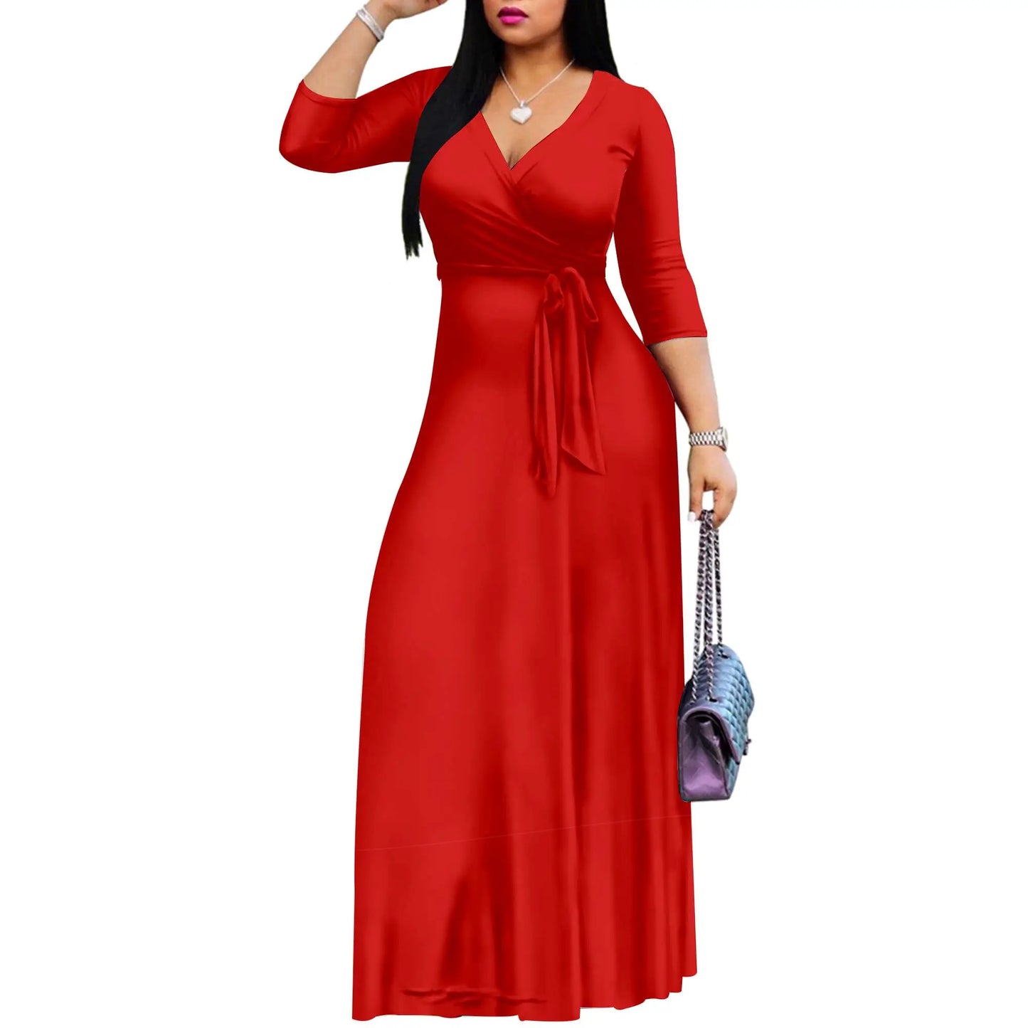 Womens Maxi Wrap Dress V Neck And Three Quarter Sleeves
