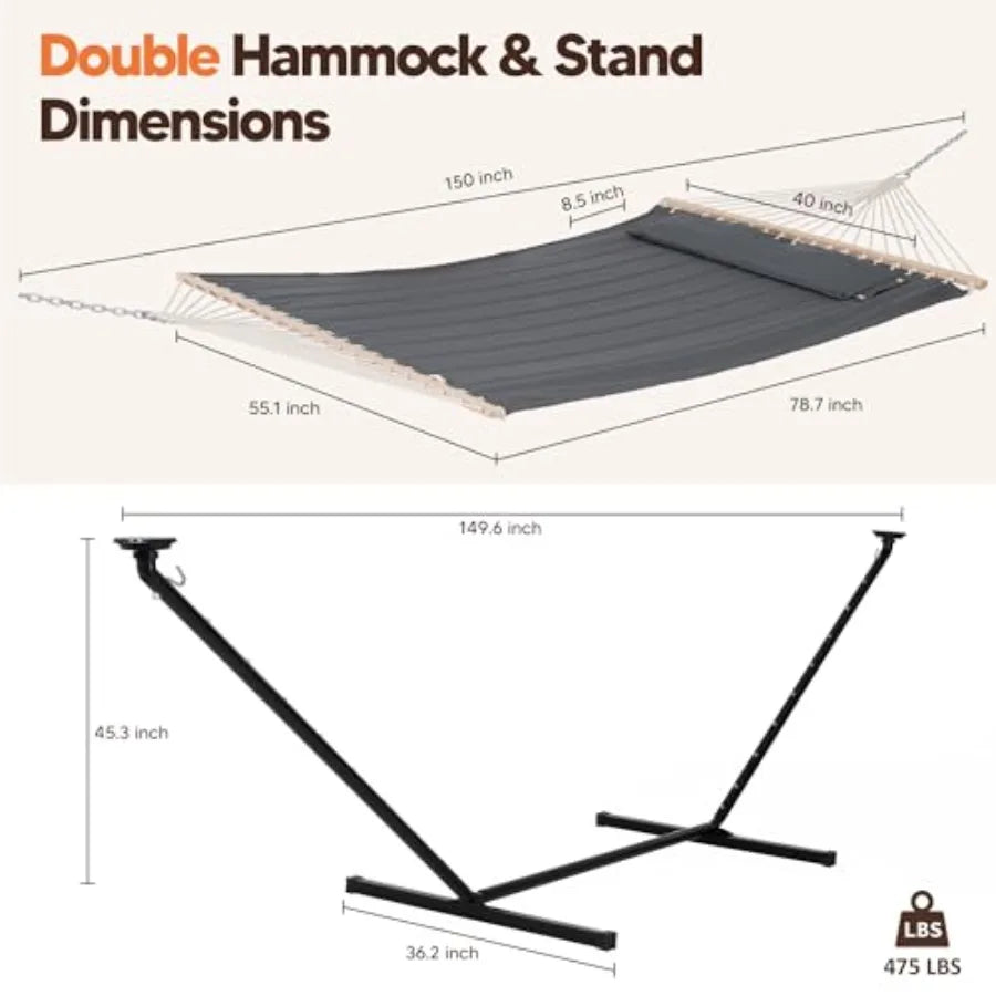 Outdoor Double Hammock With Stand And Solar Lights