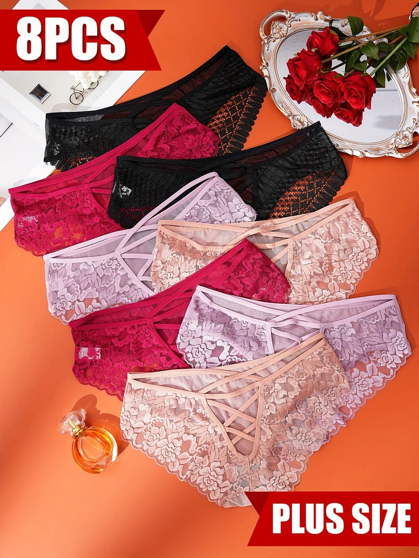 DORSU Floral Lace Panties Set With Cross Strap Semi Sheer