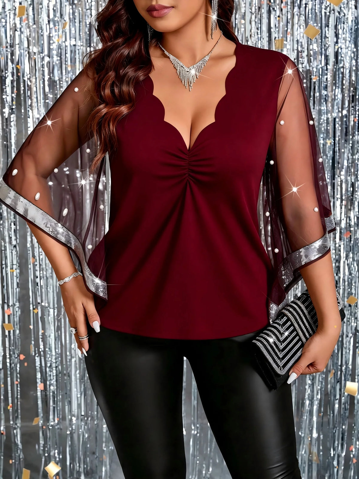 Women's Scalloped V Neck Mesh Bell Sleeve Beaded Evening Blouse
