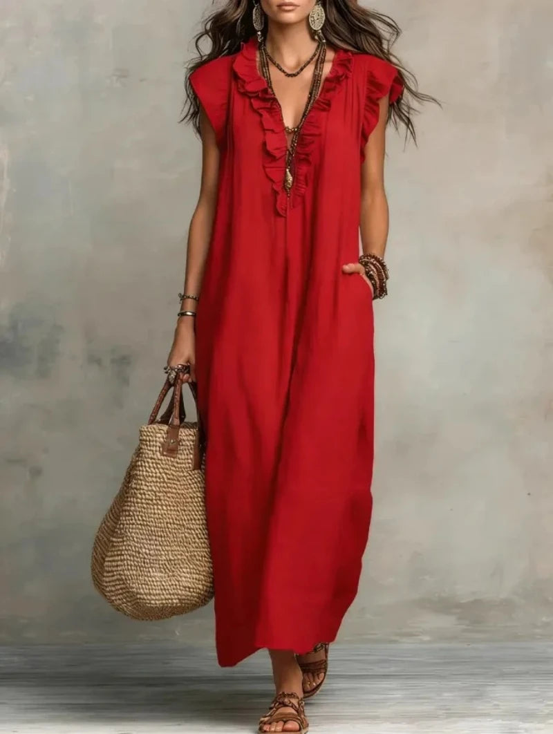Bohemian Linen Maxi Dress With Ruffle V Neck Pockets