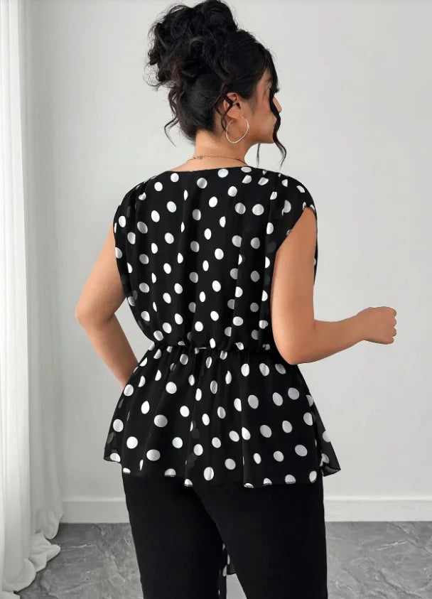Polka Dot Peplum Wrap Blouse With Drape Ties Chiffon Sleeveless