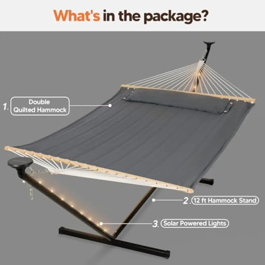 Outdoor Double Hammock With Stand And Solar Lights