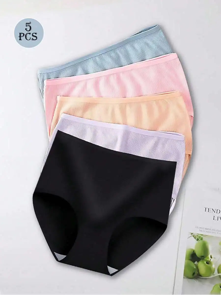 5 Pack High Waist Ribbed Ice Silk Panties For Women Breathable