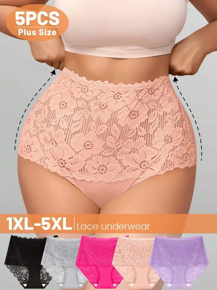 Womens Mid High Waist Lace Trim Jacquard Briefs Panties